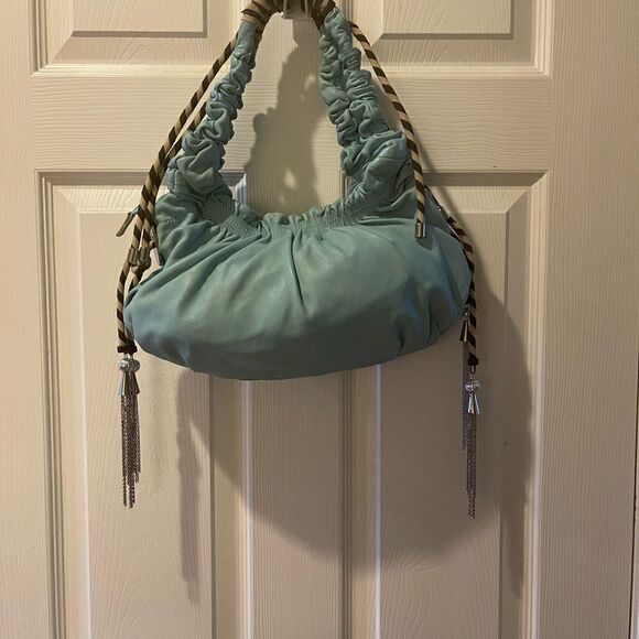 Cromia leather Blue shoulder bag Khaki & brown accent silver tone chain charms - Picture 5 of 16